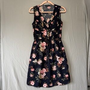 Warehouse One Womens Navy Floral Dress S Cottagecore Resortwear Vacation Button